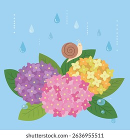 Vector Illustration of the rainy season with flowers and snails