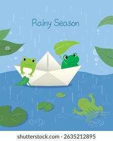 Ilustração vetorial de uma estação chuvosa com um sapo em um barco de papel
