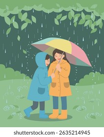 Ilustração vetorial da estação chuvosa na qual um menino e uma menina estão usando guarda-chuvas juntos