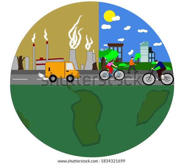 Vector illustration to raise awareness about the\
care of our planet, earth divided in two, where one side is healthy\
and the other damaged because of pollution, people cover themselves\
with masks