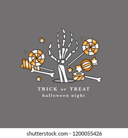 Vector illustration raise human bone hand with different candies. Happy Halloween party celebration