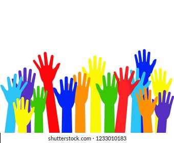 Vector illustration raised colorful hands isolated on white background