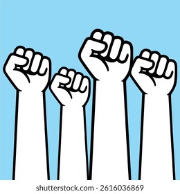 Vector illustration of a raised fist in a flat minimal style, symbolizing protest, power, unity, social activism and solidarity. Ideal for campaigns, social movements and political messages.