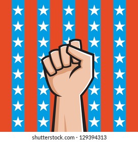 Vector Illustration of a raised fist in front of American stars and stripes.