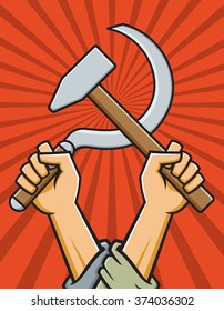 Vector illustration of raised fists holding crossed hammer and sickle in the style of Russian Constructivist Propaganda posters.