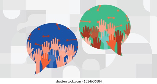 vector illustration of raised hands and comment symbols for discussion and communication concepts