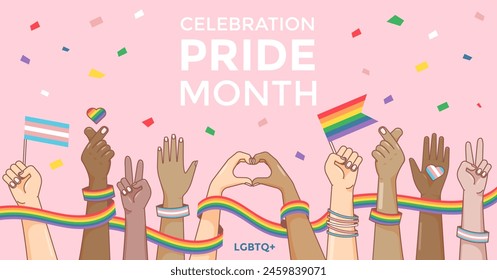 Ilustración vectorial con las manos alzadas sosteniendo banderas y corazones de arco iris celebrando el mes del orgullo. Concepto LGBTQ+