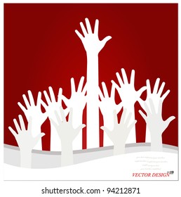  Vector Illustration of raised hands on a red background.