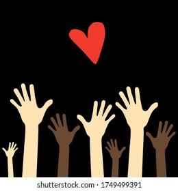 
Ilustración vectorial.
Manos levantadas de personas de diferentes naciones .corazón