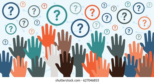 vector illustration with raised hands and question marks for consultancy and question sessions concepts 