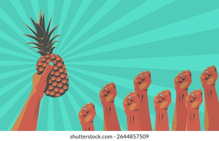 Vector illustration of a raised pineapple in a hand with multiple fists in the background. Bold, abstract, and symbolic design with tropical fruit and protest theme