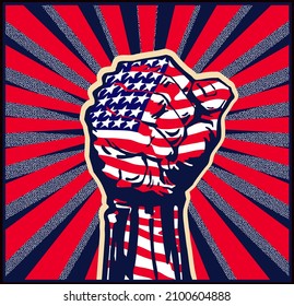 Vector illustration of raised USA flag fist in a red, blue and white ray background in the style of soviet propaganda posters. 