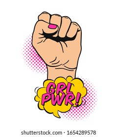 Vector illustration of raised women's fist in pop art comic style. Placard with women's rights and solidarity theme, feminism concept, protest, rebel, revolution