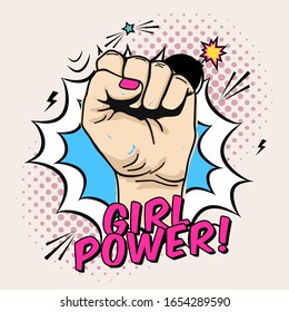 Imagen vectorial del puño femenino levantado al estilo cómico de arte pop. Placard con el tema de los derechos de la mujer y la solidaridad, concepto de feminismo, protesta, rebelde, revolución