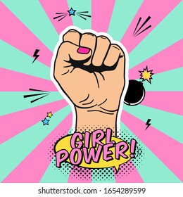 Vector illustration of raised women's fist in pop art comic style. Placard with women's rights and solidarity theme, feminism concept, protest, rebel, revolution