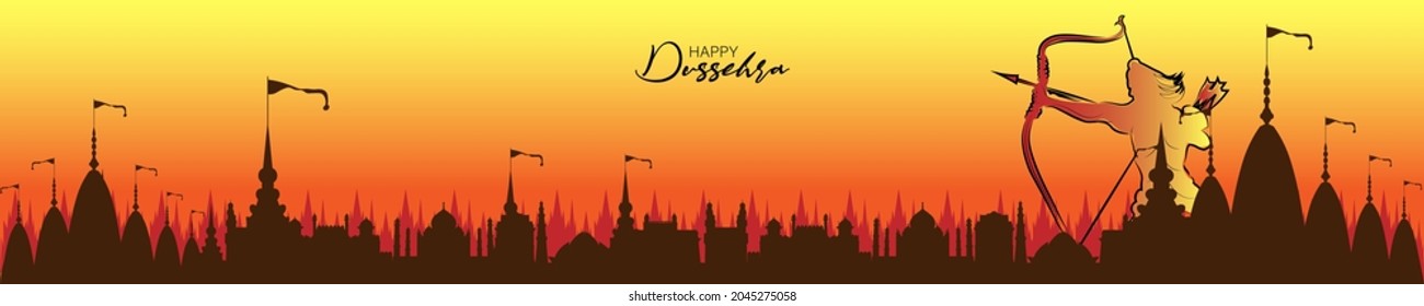 Vector illustration of Ram Ravan fight scene (Dhanush or Bow) on a sunset background for Dussehra festival.