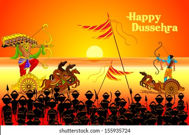 vector illustration of Rama killing Ravana in Happy Dussehra