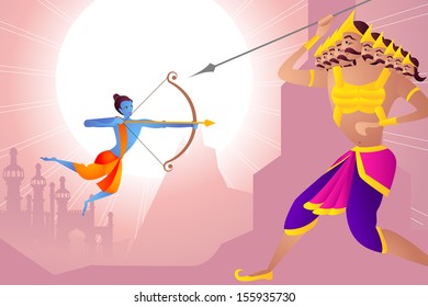 vector illustration of Rama killing Ravana in Happy Dussehra