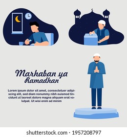 Vector illustration of Ramadan activities such as suhoor, alms and prayers.