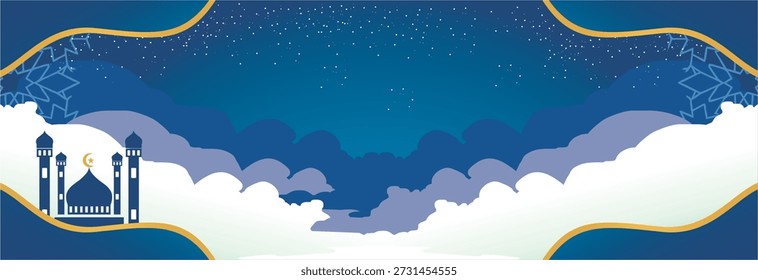 Ilustração vetorial do plano de fundo do Ramadã com mesquita, nuvens e belo céu noturno