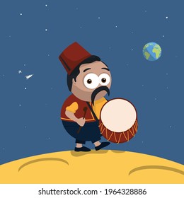 Vector Illustration of a Ramadan Drummer Walking on the Moon