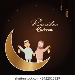 Vector illustration Ramadan Editable Social Post Banner Template Islamic crescent moon, lanter, stars, platform or podium, ketupat, islamic pattern