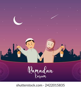 Vector illustration Ramadan Editable Social Post Banner Template Islamic crescent moon, lanter, stars, platform or podium, ketupat, islamic pattern