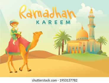 Vector Illustration Ramadan Edition. A Child Reads a Book on a Camel to a Beautiful Mosque in The Middle of the Desert. Cartoon Style. Best For Invitation Card, Poster, Book Cover,Background, Banner