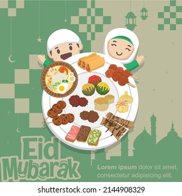vector illustration of ramadan eid ul fitr poster. abstract concept, green, food, pattern, cute and children.