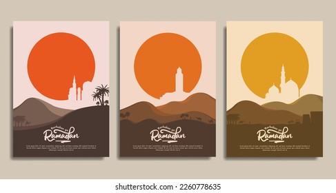 vector illustration of Ramadan greeting card with silhouette of mosque, camel and dates palm at sunset in desert great for greeting card, banner, poster, wall art, social media, advertisement,etc