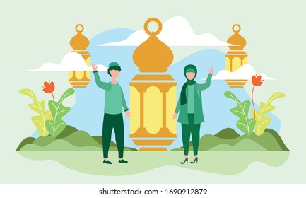 Vector Ilustración del saludo de Ramadán, pareja que celebra Eid Mubarak, Business Concept, Ramadán Concept, Ramadan Kareem, Diseño Plano