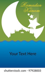 Vector illustration of ramadan greeting with mosque on a hill isolated blue sky