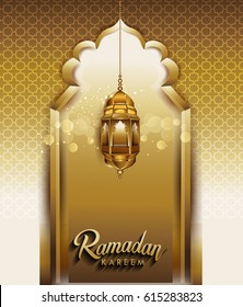 Vector illustration of Ramadan Kareem arabic lamp for greeting card background, with typographic lettering ''Ramadan kareem'' of muslim holy month with mosque window and sparkles.