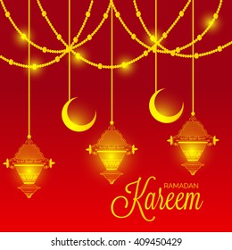 Vector illustration of Ramadan Kareem Background with Lamps and Moon for holy month of muslim community, Ramadan Kareem celebration.