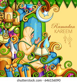 vector illustration of Ramadan Kareem, Blessing for Eid,  background with Islamic mosque