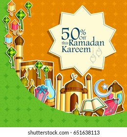 vector illustration of Ramadan Kareem ( Blessing for Eid) advertisement promotion background with Islamic style doodle