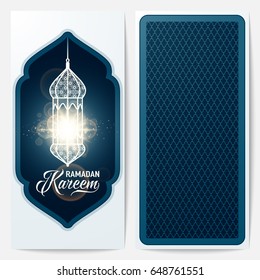 Vector illustration of ramadan kareem blue color greeting invitation template with lantern, light effect, text sign, arabian pattern. Back and face side