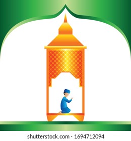 Vector illustration ramadan kareem. Boy in lantern praying. flat style design. Islamic illustration. banner islamic