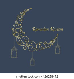 Vector illustration of Ramadan Kareem card. Ramadan kareem card with gold crescent and lantern.