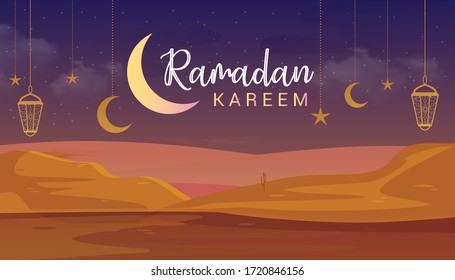 Vector Illustration Ramadan Kareem. Desert on the night. Ramadan Kareem Muslim Religion Holy Month. Flat Vector Illustration