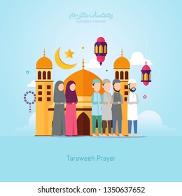 Vector Illustration Ramadan Kareem Design Concept With Small People And Muslim Activity Symbol