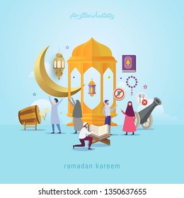 Vector Illustration Ramadan Kareem Design Concept With Small People And Muslim Activity Symbol