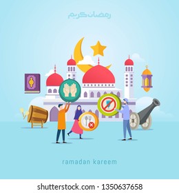 Vector illustration ramadan kareem design concept with small people and muslim activity symbol