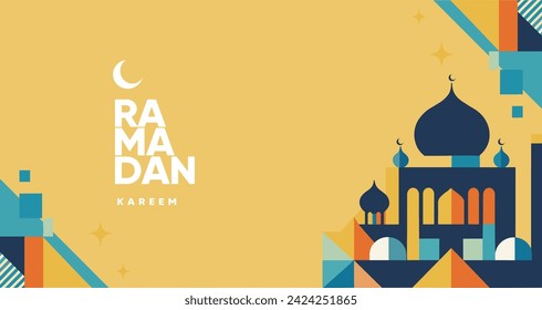 Vector illustration for Ramadan Kareem, featuring a mosque with elegant domes and minarets, a stylized crescent moon, stars, and geometric shapes, all composed against a vibrant yellow background