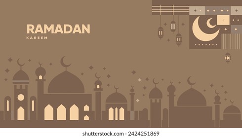 Vektor-Illustration für Ramadan Kareem, mit einer Skyline von Moscheen mit Kuppeln und Minaretten, hängenden Laternen, Sternen und Halbmonden, alle in verschiedenen Brauntönen.