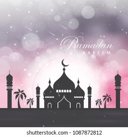 Vector Illustration Ramadan Kareem. Greeting card with mosque, big moon, stars, palm trees, night desert. Ramadan Kareem background.