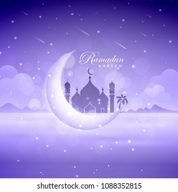 Vector Illustration Ramadan Kareem. Greeting card with mosque, big moon, stars, palm trees, night desert. Ramadan Kareem background.