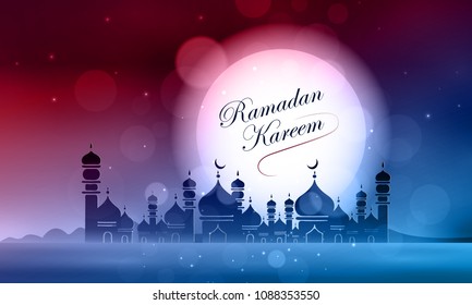 Vector Illustration Ramadan Kareem. Greeting card with mosque, big moon, stars, palm trees, night desert. Ramadan Kareem background.