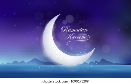 Vector Illustration Ramadan Kareem. Greeting card with calligraphy big moon, stars, night desert. Ramadan Kareem background.