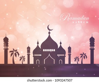 Vector Illustration Ramadan Kareem. Greeting card with mosque, big moon, stars, palm trees, night desert. Ramadan Kareem background.